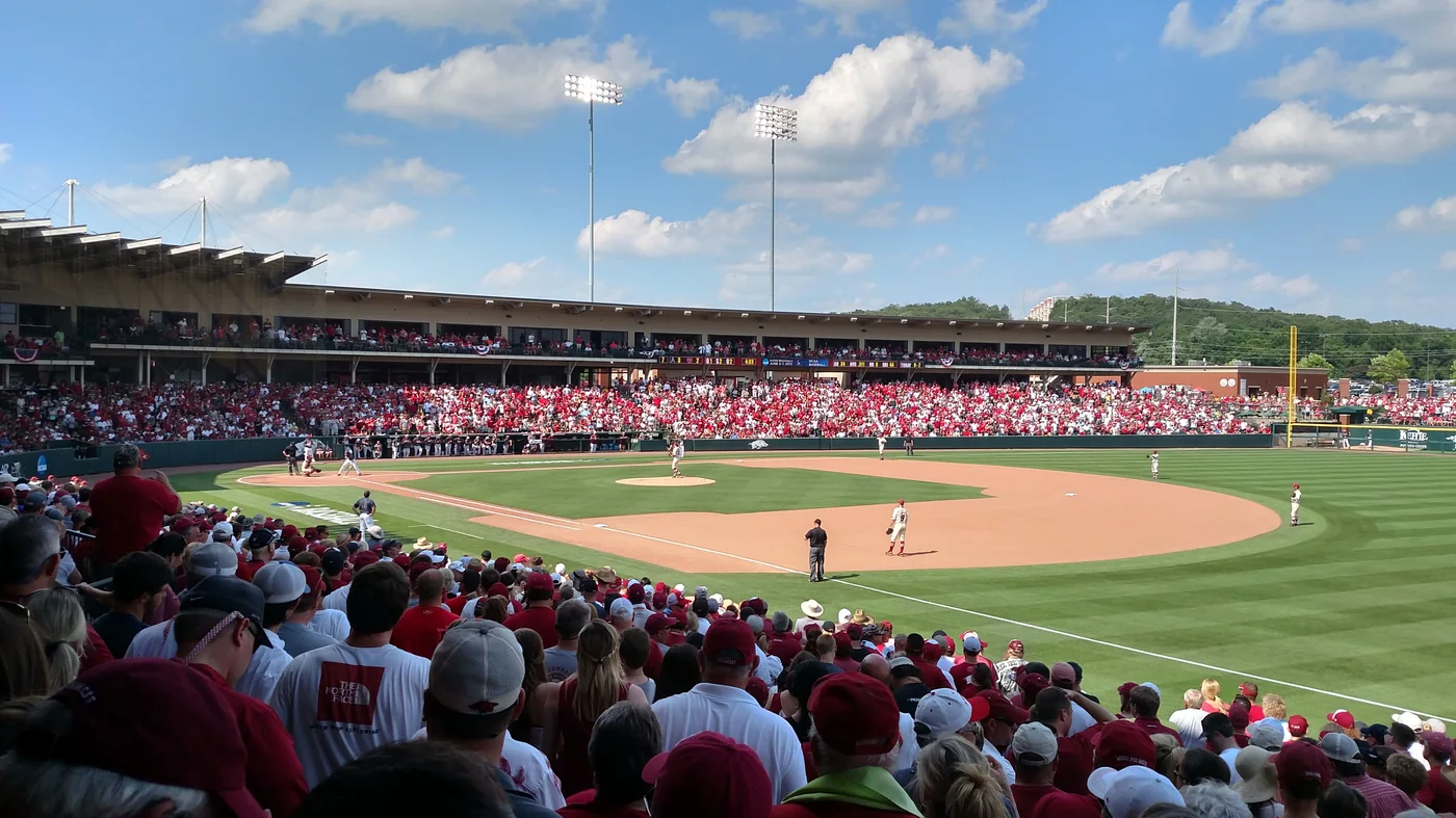 Fans watching the deciding game of the 2015 Fayetteville Super Regional at Baum Stadium.