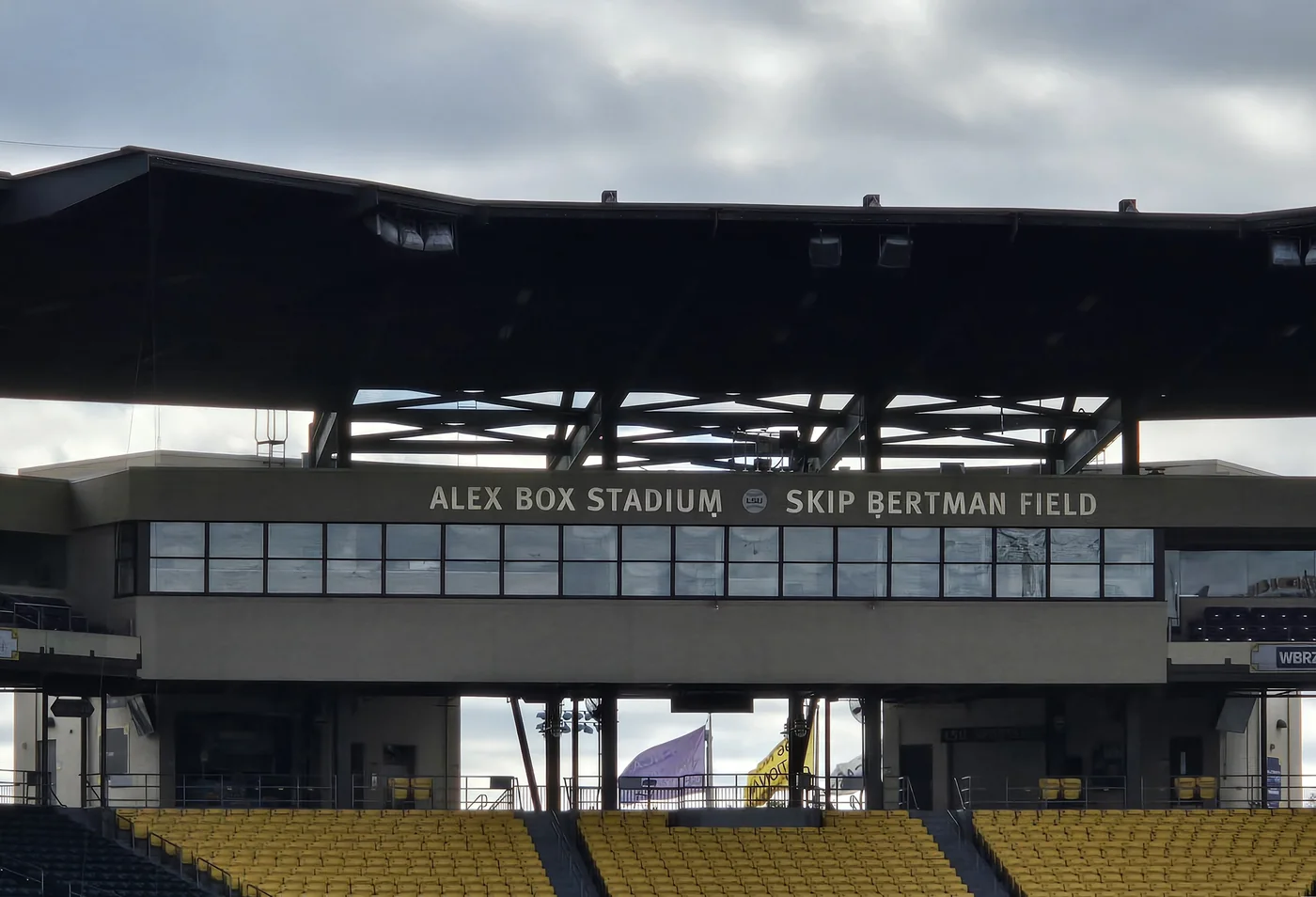 Press box overlooking the seating bowl at Alex Box Stadium, Skip Bertman Field.