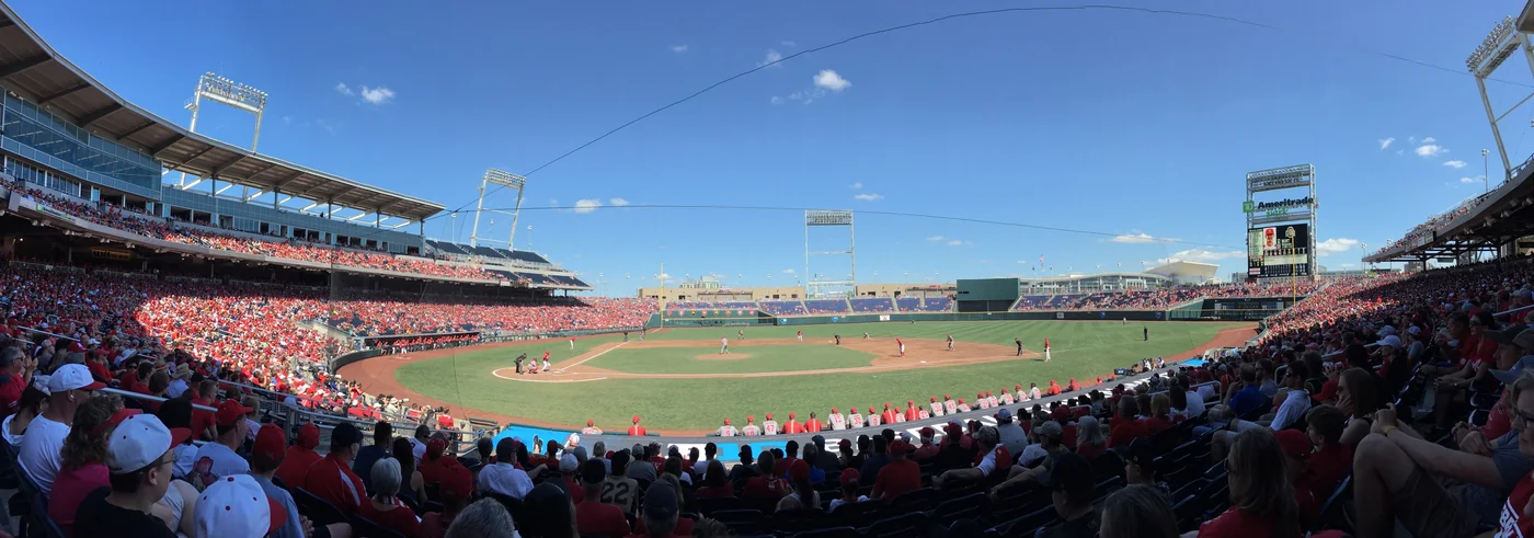 Wide view of the 2019 Big Ten baseball championship game at Omaha’s ballpark.