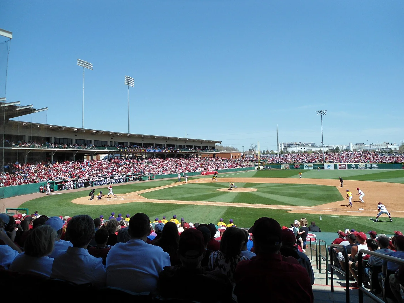 Infield and stands at Baum Stadium during an Arkansas–LSU baseball game.