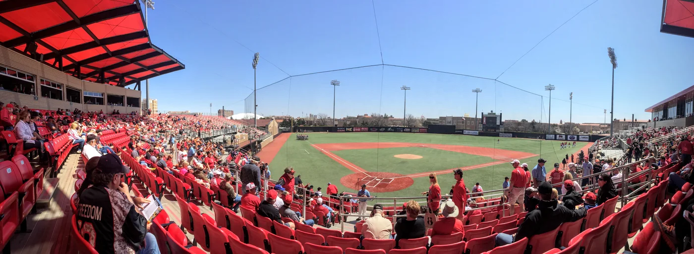 Panoramic crowd and baseball diamond at Texas Tech’s Dan Law Field at Rip Griffin Park.