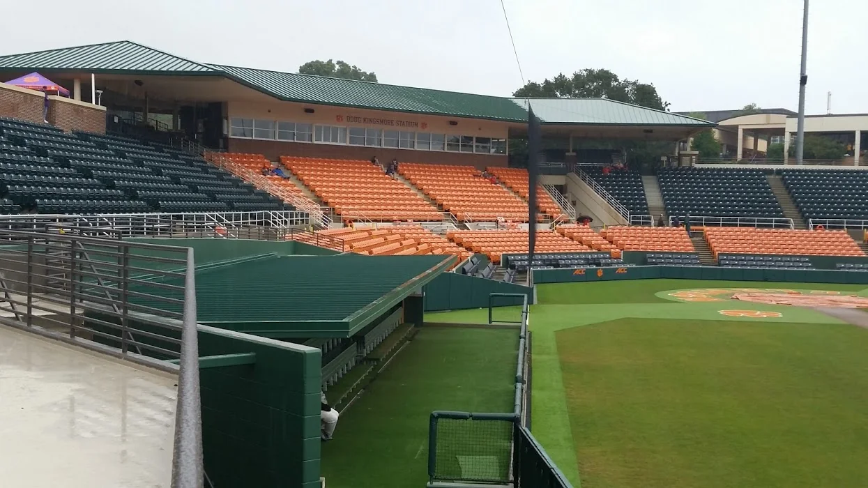 Grandstand seating and baseball field at Clemson’s Doug Kingsmore Stadium.
