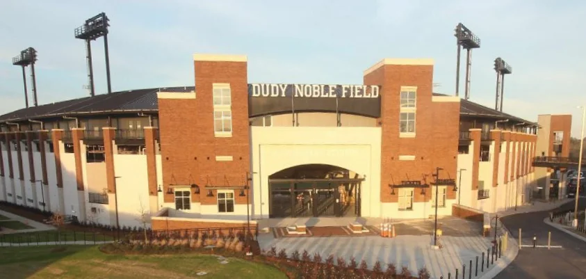 Brick entrance and Dudy Noble Field lettering at Mississippi State’s baseball stadium.