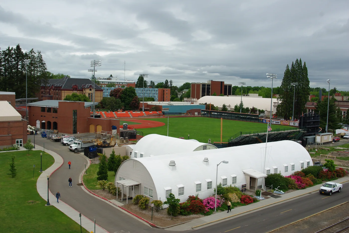 Elevated view of Goss Stadium and surrounding buildings at Oregon State University.