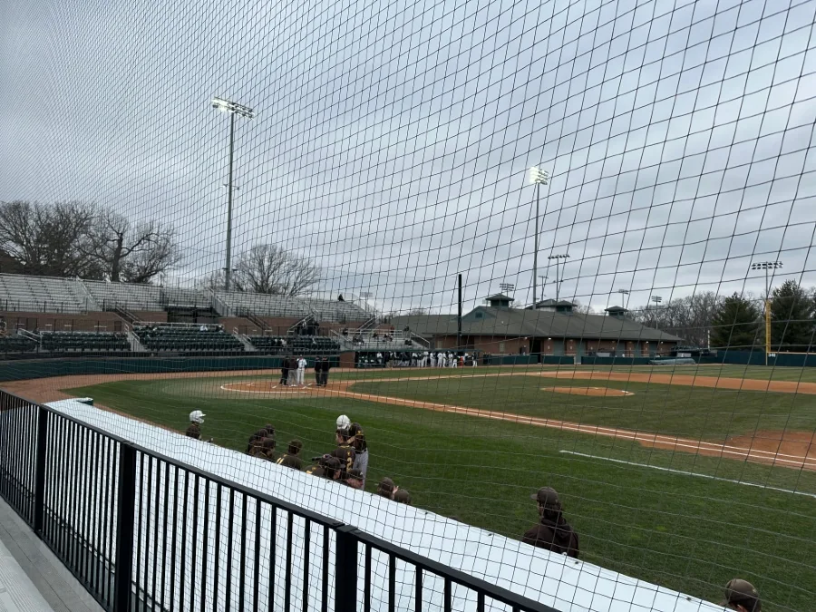 McLane Baseball Stadium infield viewed past protective netting during a 2023 game.
