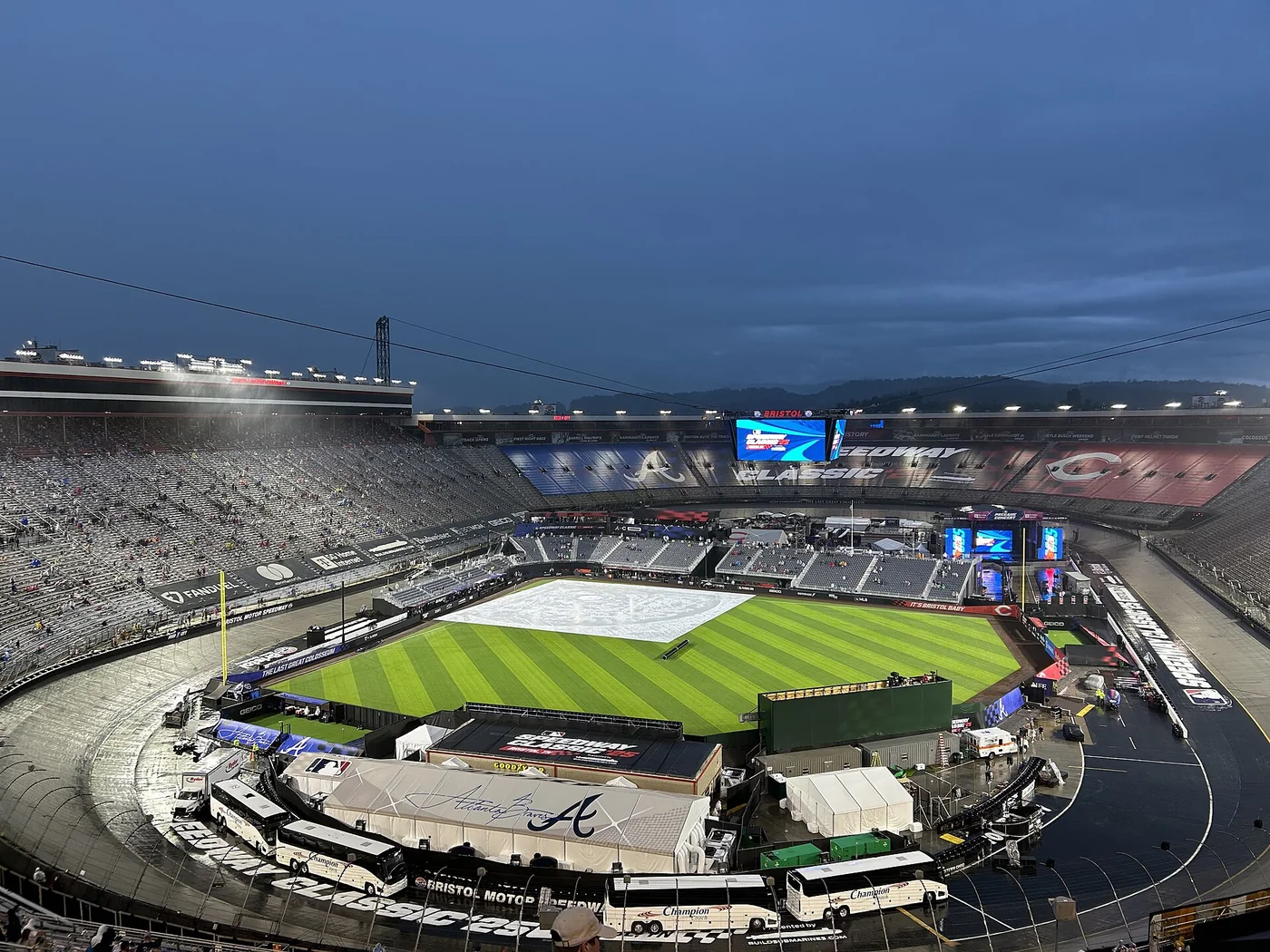 Rain tarp covering the infield during the 2025 MLB Speedway Classic at Bristol Motor Speedway.