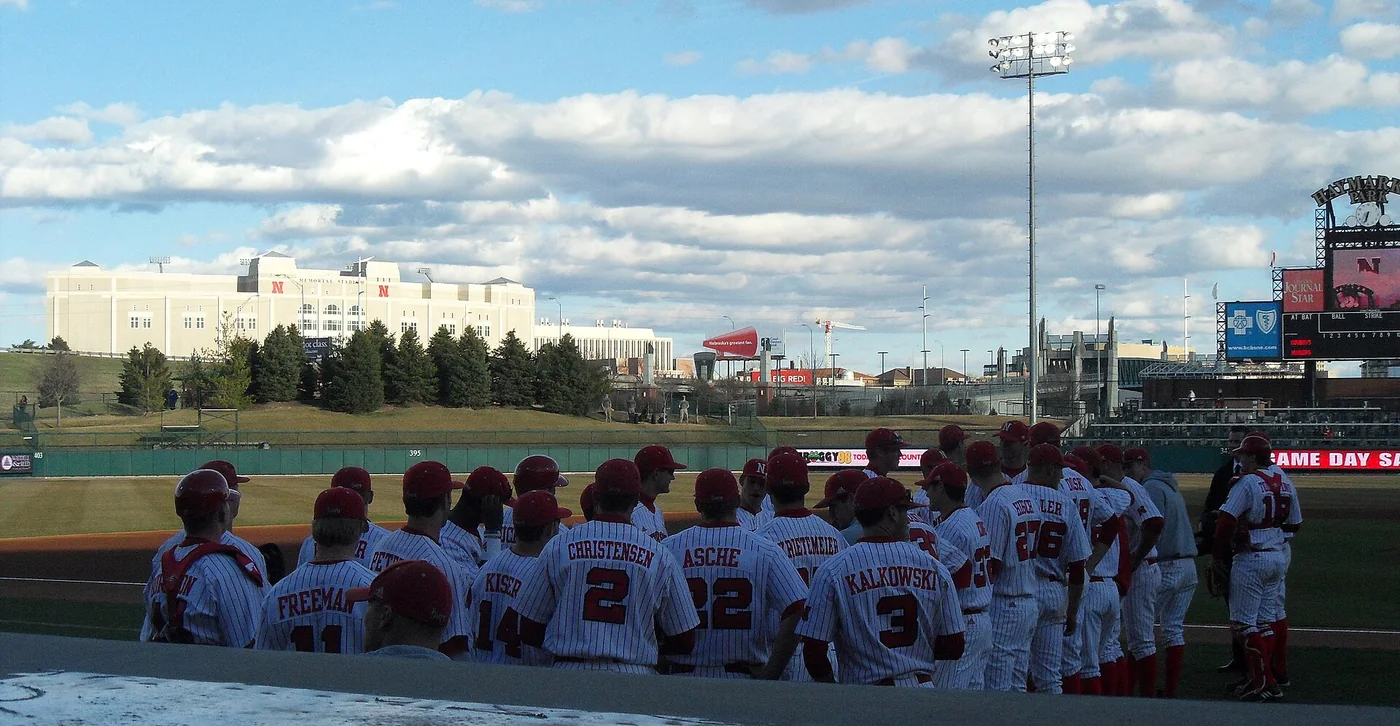 Nebraska baseball players preparing to take the field at Hawks Field in April 2011.