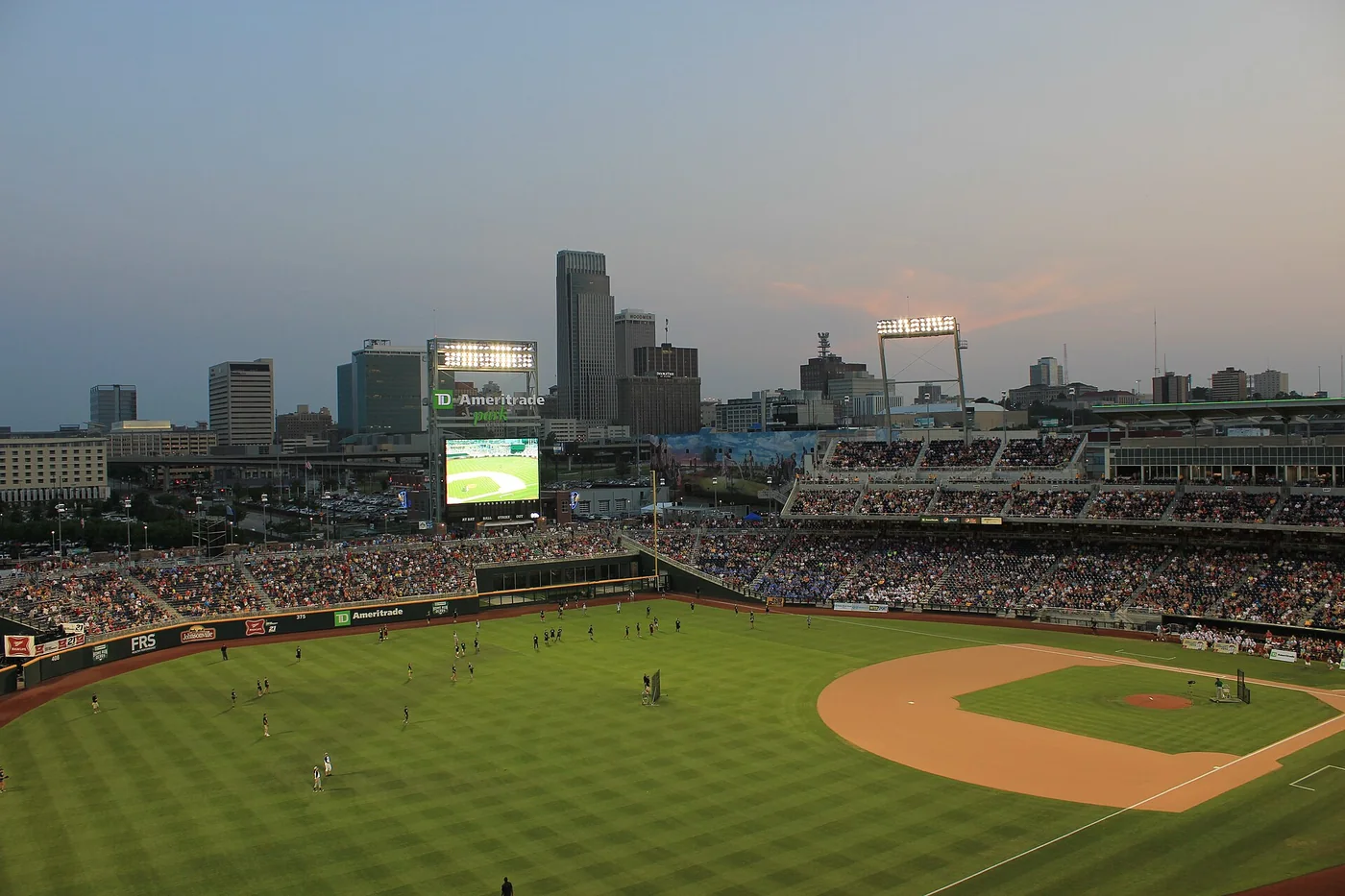 Baseball field and grandstands in Omaha viewed from the third-base side.