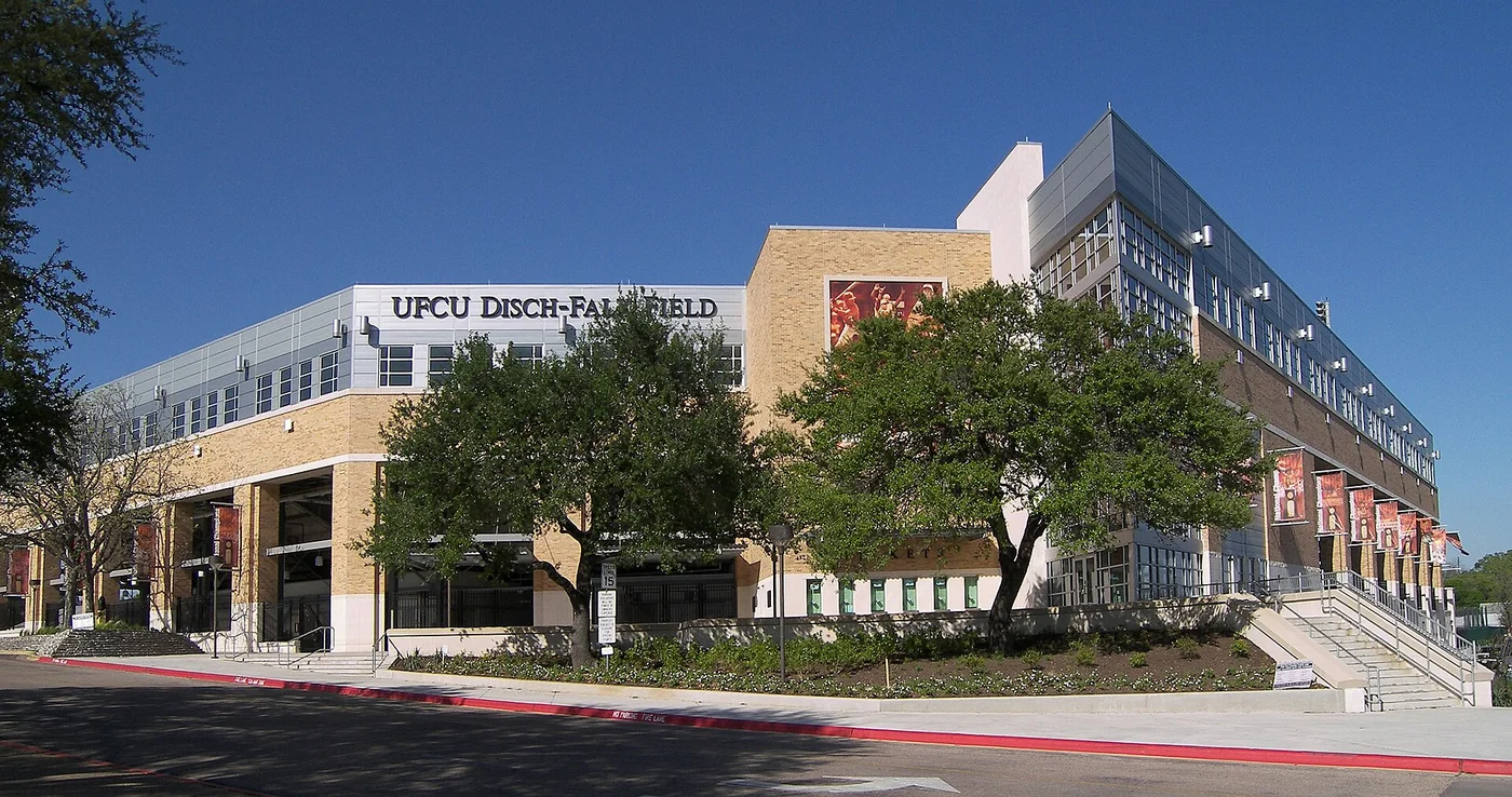 Front entrance and brick exterior of Texas’s UFCU Disch-Falk Field.